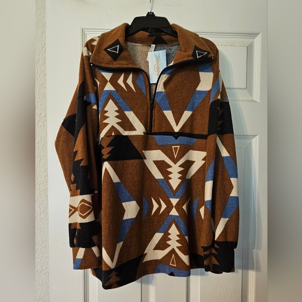 Aztec Pattern Quarter-Zip Sweatshirt - Brown, Blue, and Black